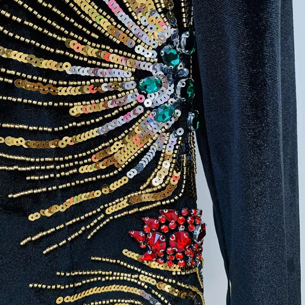 Women's Long Sleeve Stunning Sequined Rhinestone  Beaded Velvet Dress - Picture 9 of 11